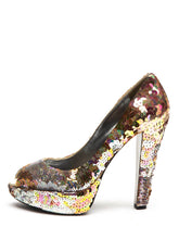 Load image into Gallery viewer, Sequin Platform Peep-Toe Pumps Multicolour Leather - shopcurious