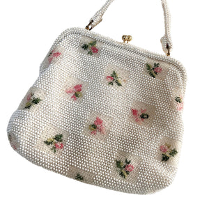 Lemured Petite-Bead Pink and Cream Beaded Flower Bag and Mirror Purse - ShopCurious