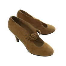 Load image into Gallery viewer, Vintage Biba Mustard Suede Court Shoes with Flower Detail Strap - ShopCurious
