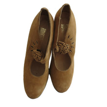 Load image into Gallery viewer, Vintage Biba Mustard Suede Court Shoes with Flower Detail Strap - ShopCurious