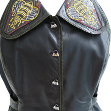 Load image into Gallery viewer, Black Leather 1970s Bill Gibb Waistcoat with Bumblebee Buttons and Collar - ShopCurious