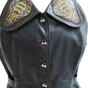 Black Leather 1970s Bill Gibb Waistcoat with Bumblebee Buttons and Collar - ShopCurious