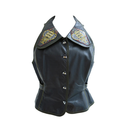 Black Leather 1970s Bill Gibb Waistcoat with Bumblebee Buttons and Collar - ShopCurious