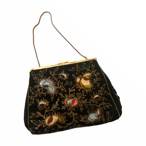 Chinoiserie Style 1930s Embroidered Black Satin Bag with Purse and Mirror - ShopCurious