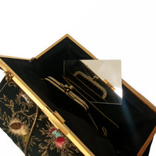 Load image into Gallery viewer, Chinoiserie Style 1930s Embroidered Black Satin Bag with Purse and Mirror - ShopCurious