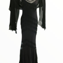 Load image into Gallery viewer, Vintage Galliano for Christian Dior Boutique Black Silk Chiffon and Chevron Lace Evening Gown with Frill Edged Shawl - ShopCurious