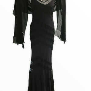 Vintage Galliano for Christian Dior Boutique Black Silk Chiffon and Chevron Lace Evening Gown with Frill Edged Shawl - ShopCurious