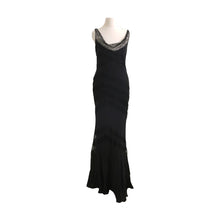 Load image into Gallery viewer, Vintage Galliano for Christian Dior Boutique Black Silk Chiffon and Chevron Lace Evening Gown with Frill Edged Shawl - ShopCurious