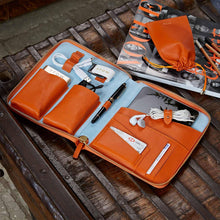Load image into Gallery viewer, The First Class Leather Tech Case - Amber Orange & Sky Blue - shopcurious