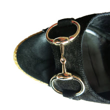 Load image into Gallery viewer, Gucci Horsebit Detail Black Suede Peep-Toe Shoe with Bamboo Platform - ShopCurious
