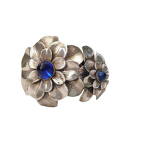Load image into Gallery viewer, Rare 1930s Joseff of Hollywood Silver Double Camellia Flower Clamper Bracelet - shopcurious