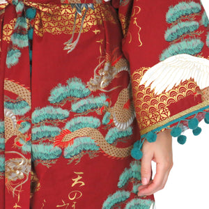 Nirvana Kimono Gown - Brick Red and Peppermint with Pom-Pom Trim - shopcurious