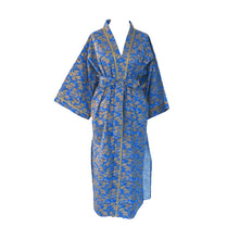 Load image into Gallery viewer, Nirvana Kimono Gown - Azure and Gold with Ribbon Trim - shopcurious