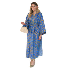 Load image into Gallery viewer, Nirvana Kimono Gown - Azure and Gold with Ribbon Trim - shopcurious
