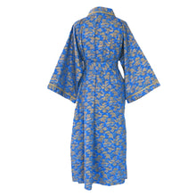 Load image into Gallery viewer, Nirvana Kimono Gown - Azure and Gold with Ribbon Trim - shopcurious