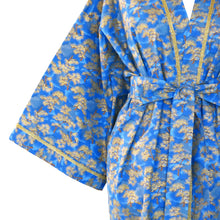 Load image into Gallery viewer, Nirvana Kimono Gown - Azure and Gold with Ribbon Trim - shopcurious