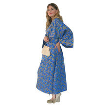 Load image into Gallery viewer, Nirvana Kimono Gown - Azure and Gold with Ribbon Trim - shopcurious