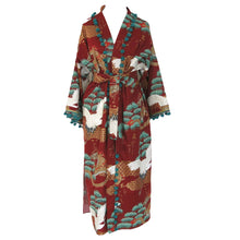 Load image into Gallery viewer, Nirvana Kimono Gown - Brick Red and Peppermint with Pom-Pom Trim - shopcurious