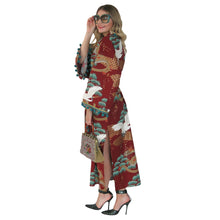 Load image into Gallery viewer, Nirvana Kimono Gown - Brick Red and Peppermint with Pom-Pom Trim - shopcurious