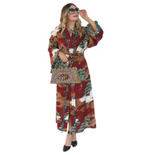 Load image into Gallery viewer, Nirvana Kimono Gown - Brick Red and Peppermint with Pom-Pom Trim - shopcurious
