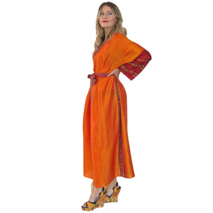 Nirvana Kimono Gown - Orange with Ikat Trim - shopcurious