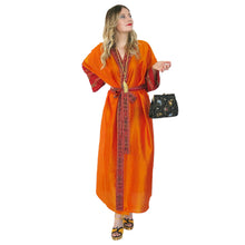 Load image into Gallery viewer, Nirvana Kimono Gown - Orange with Ikat Trim - shopcurious