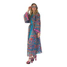 Load image into Gallery viewer, Nirvana Kimono Gown - Turquoise/Multicolour with Velvet Trim - shopcurious