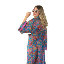 Load image into Gallery viewer, Nirvana Kimono Gown - Turquoise/Multicolour with Velvet Trim - shopcurious