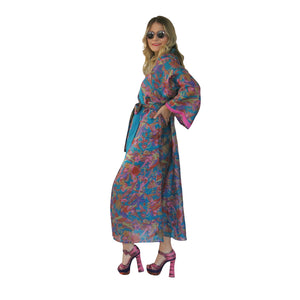 Nirvana Kimono Gown - Turquoise/Multicolour with Velvet Trim - shopcurious