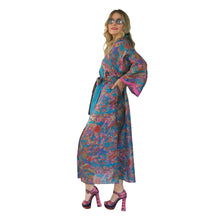 Load image into Gallery viewer, Nirvana Kimono Gown - Turquoise/Multicolour with Velvet Trim - shopcurious