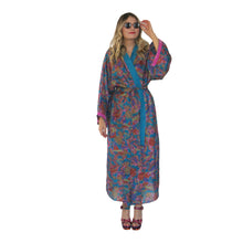 Load image into Gallery viewer, Nirvana Kimono Gown - Turquoise/Multicolour with Velvet Trim - shopcurious