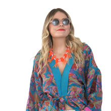 Load image into Gallery viewer, Nirvana Kimono Gown - Turquoise/Multicolour with Velvet Trim - shopcurious