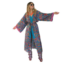 Load image into Gallery viewer, Nirvana Kimono Gown - Turquoise/Multicolour with Velvet Trim - shopcurious