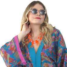 Load image into Gallery viewer, Nirvana Kimono Gown - Turquoise/Multicolour with Velvet Trim - shopcurious