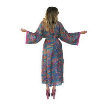 Load image into Gallery viewer, Nirvana Kimono Gown - Turquoise/Multicolour with Velvet Trim - shopcurious