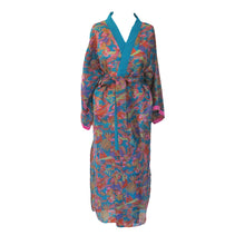 Load image into Gallery viewer, Nirvana Kimono Gown - Turquoise/Multicolour with Velvet Trim - shopcurious