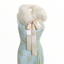 Load image into Gallery viewer, Preloved Asymmetric Powder Blue Satin and Cream Tulle Lace Dress - ShopCurious