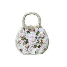 Load image into Gallery viewer, Vintage White Raffia Bag with Silk Flowers, Shells and Pearls - ShopCurious
