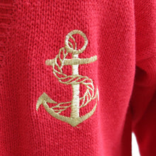 Load image into Gallery viewer, 1990s Vintage Red Knitted Cardie with Gold Trim and Anchor Details - ShopCurious