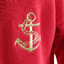 Load image into Gallery viewer, 1990s Vintage Red Knitted Cardie with Gold Trim and Anchor Details - ShopCurious
