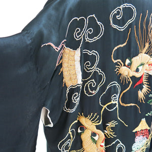 Reversible Gold Embroidered Black Silk Vintage Kimono - ShopCurious