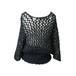 Black and Gold Thread Mohair Style Hand Knitted Cap Sleeved Jumper - shopcurious