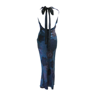Zandra Rhodes Blue, Purple and Grey Bias Cut Silk Halter Dress - shopcurious