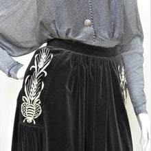 Load image into Gallery viewer, Bill Gibb 1970s Black Velvet Maxi Skirt with Signature Bee Motif Embroidery - ShopCurious