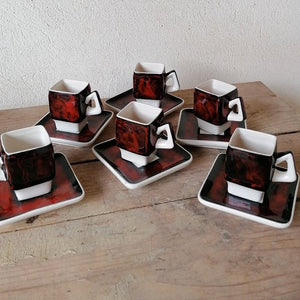 Vintage 1970s Italian Designed Red and Black Mid-Century Modern Ceramic Coffee Set - ShopCurious