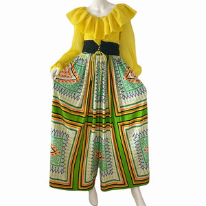 1970s Vintage Psychedelic Palazzo with Ruffled Peasant Top Jumpsuit - ShopCurious