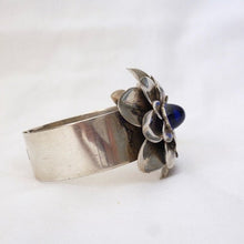 Load image into Gallery viewer, Rare 1930s Joseff of Hollywood Silver Double Camellia Flower Clamper Bracelet - shopcurious