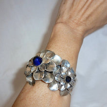 Load image into Gallery viewer, Rare 1930s Joseff of Hollywood Silver Double Camellia Flower Clamper Bracelet - shopcurious
