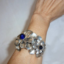 Load image into Gallery viewer, Rare 1930s Joseff of Hollywood Silver Double Camellia Flower Clamper Bracelet - shopcurious