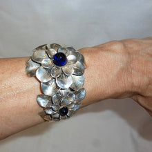Load image into Gallery viewer, Rare 1930s Joseff of Hollywood Silver Double Camellia Flower Clamper Bracelet - shopcurious